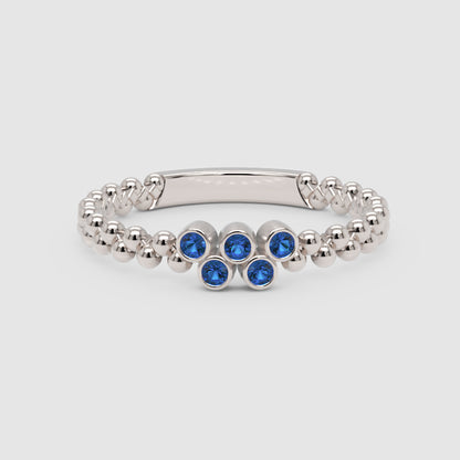 Lab-Grown Blue Sapphire Cluster Ring in Rose Gold – Minimal Beaded Band Stackable Ring | Jebij