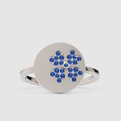 Blue Sapphire Four Leaf Clover Disc Ring - Six