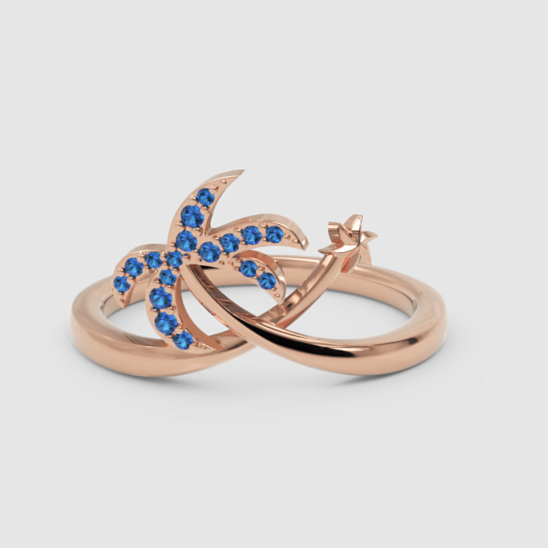 Blue Stone Star & Crescent Moon Ring In White Gold - Seven