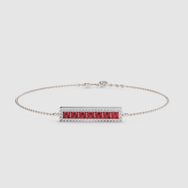 Princess Cut Ruby Bar Bracelet With Diamond Halo Chain Bracelet - Six