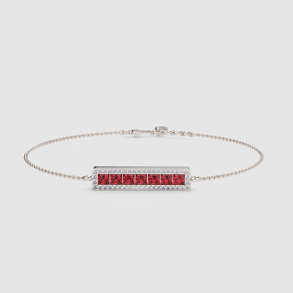 Princess Cut Ruby Bar Bracelet With Diamond Halo Chain Bracelet - Six
