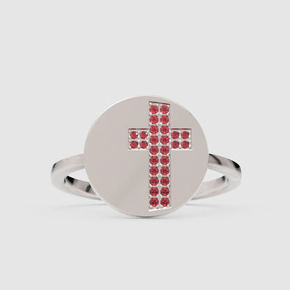 Ruby Cross Signet Disc Ring - Six