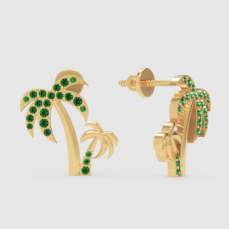 Green Crystal Palm Tree Stud Earrings - Three