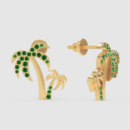Green Crystal Palm Tree Stud Earrings - Three