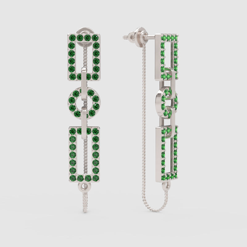 Geometric Green Gemstone Chain Link Drop Earrings - Three