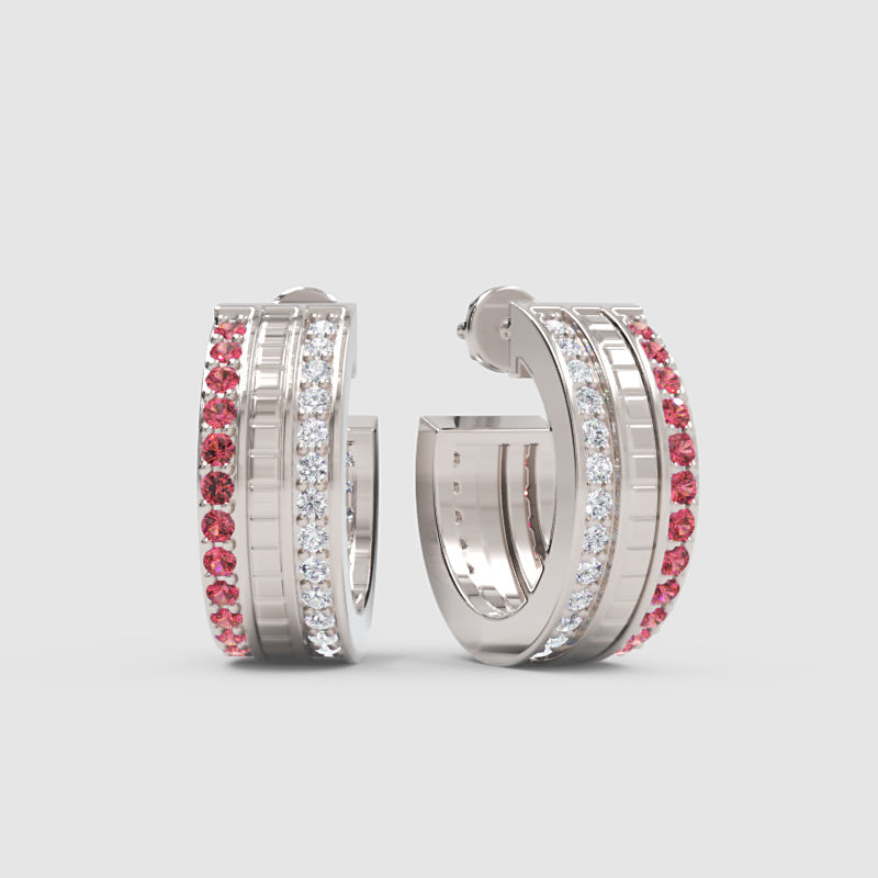 Ruby & Diamond Dual Row Hoop Earrings In Rose Gold – Luxury Festive Hoops | Jebij - Six