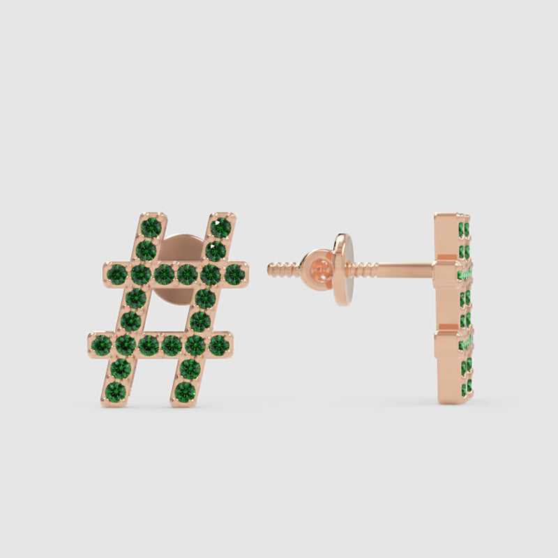 Green Crystal Hashtag Symbol Stud Earrings With Screw Back - Three