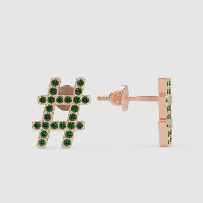 Green Crystal Hashtag Symbol Stud Earrings With Screw Back - Three