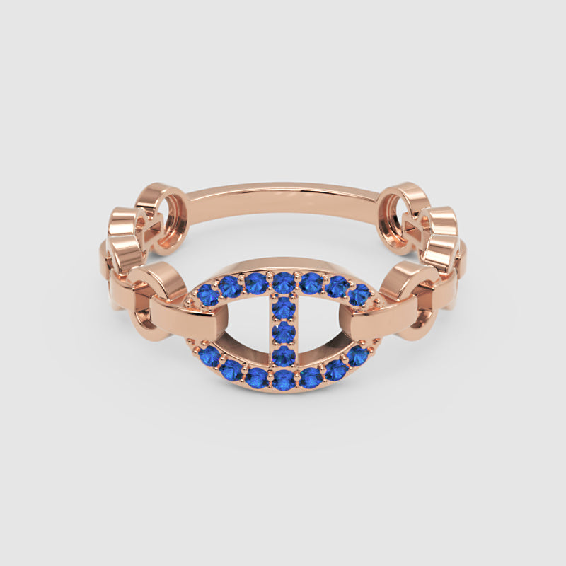 Blue Sapphire Oval Ring (Lab-Grown) | White Gold Chain Link Bar Design For Women | Jebij - Six