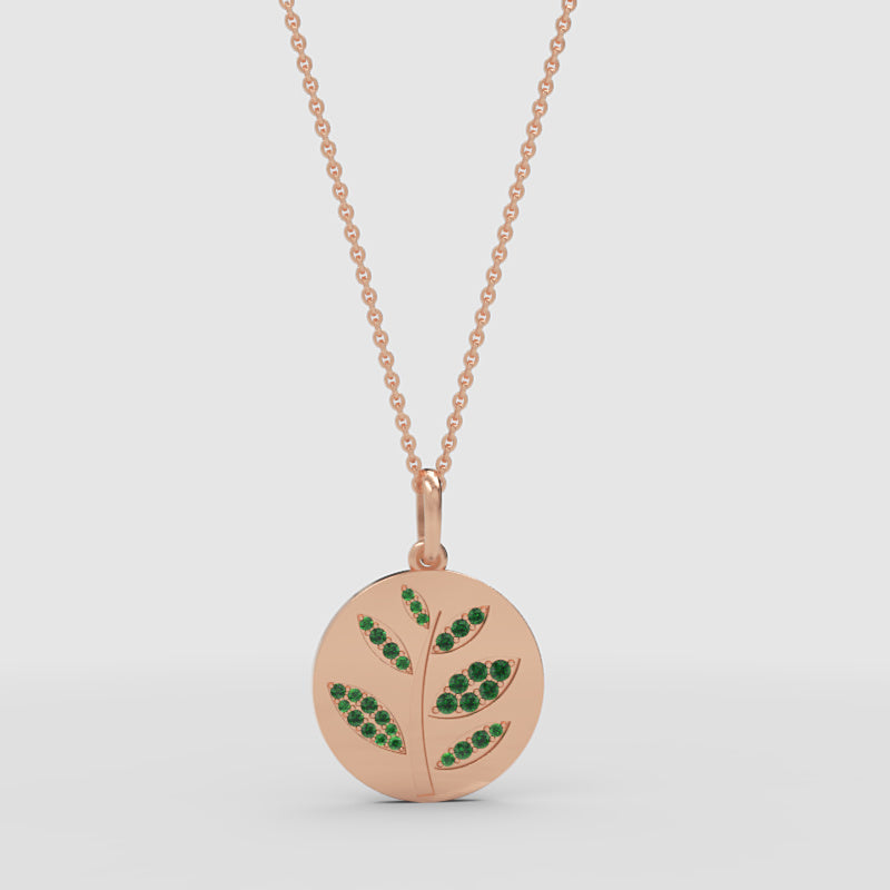 Green Leaf Disc Pendant Necklace With Emerald Stones - Three