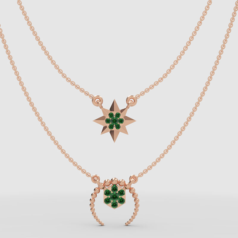 Layered Star And Circle Pendant Necklace With Green Stones - Three