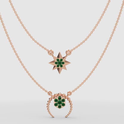 Layered Star And Circle Pendant Necklace With Green Stones - Three