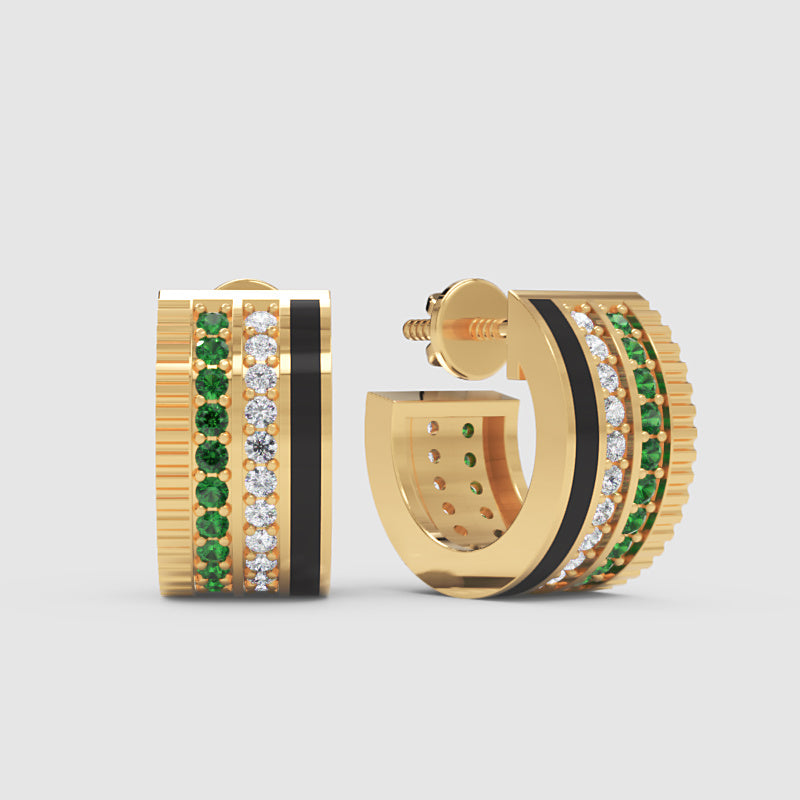 Emerald & Diamond Triple Row Hoop Earrings In White Gold With Black Enamel – Premium Statement Hoops | Jebij - Three