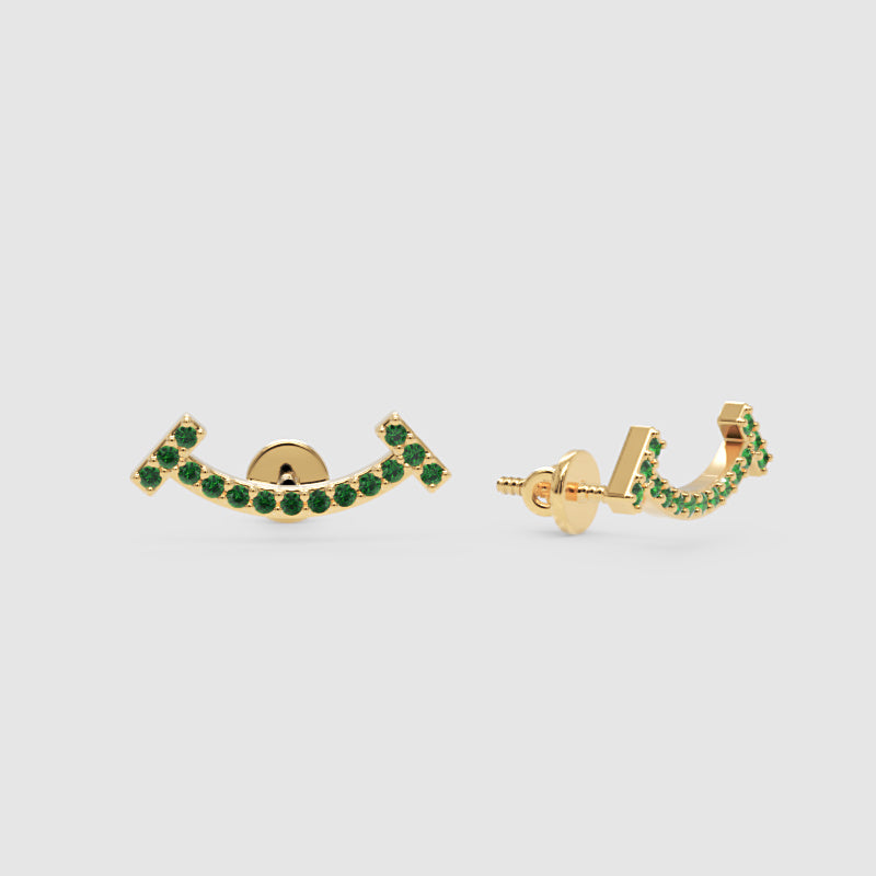 Curved Bar Stud Earrings With Green Stones - Three