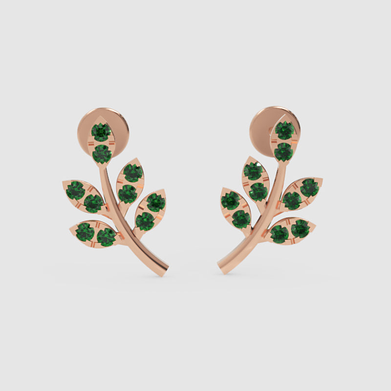 Emerald Leaf Branch Stud Earrings With Green Gemstones - Three