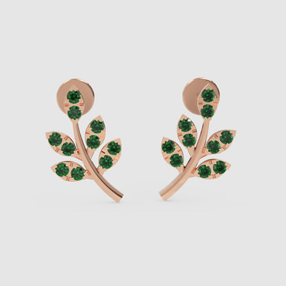 Emerald Leaf Branch Stud Earrings With Green Gemstones - Three