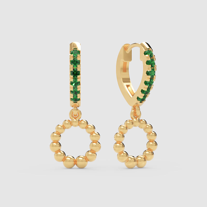 Emerald Huggie Hoop Earrings With Beaded Circle Drop Charms - One