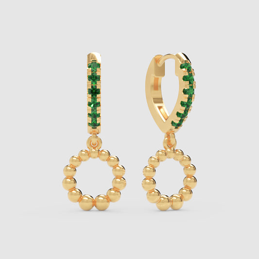 Emerald Huggie Hoop Earrings with Beaded Circle Drop Charms