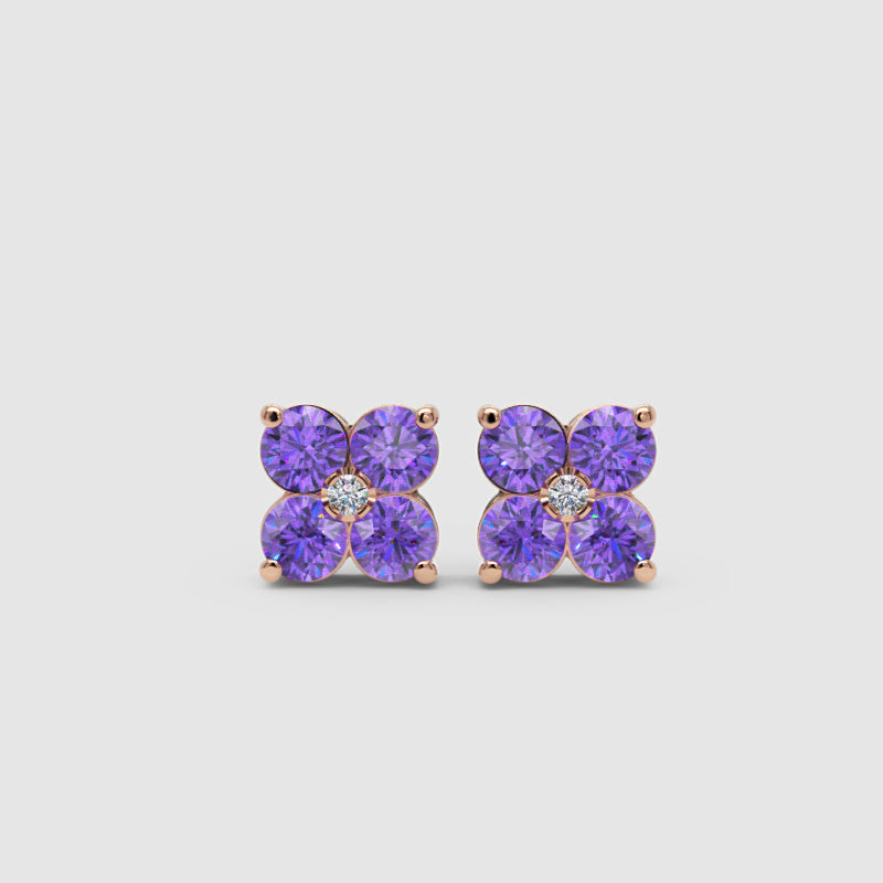 Purple Amethyst Four Stone Cluster Stud Earrings With Diamond Accent - Six