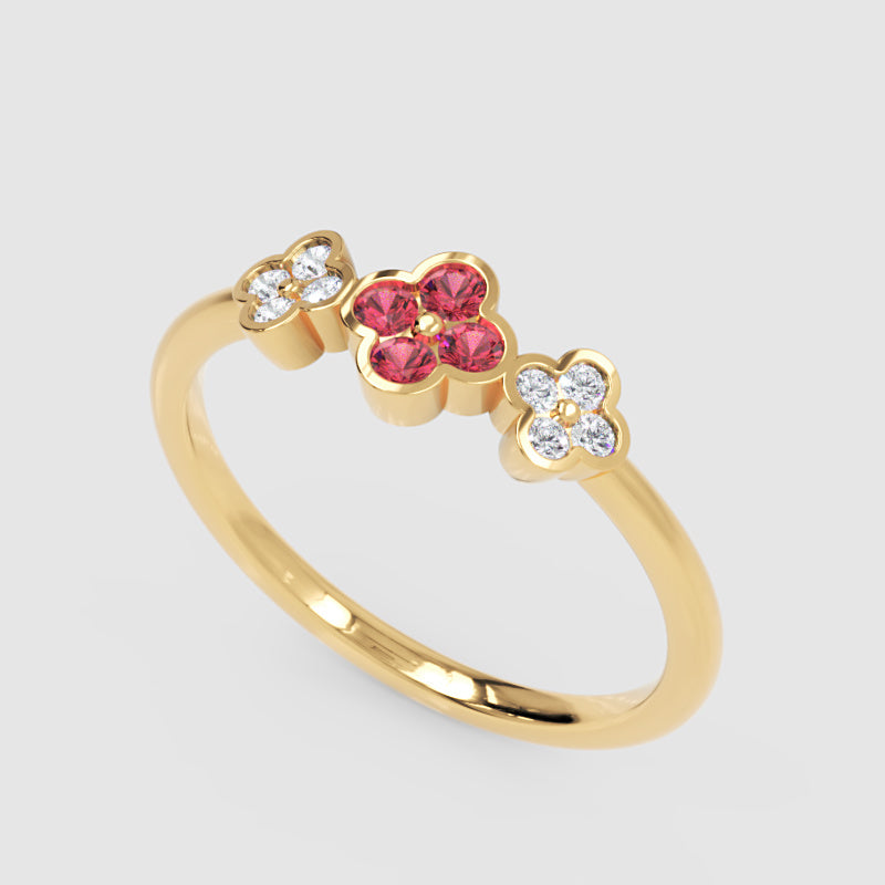 Triple Flower Cluster Ring With Ruby And Diamond Accents - Seven