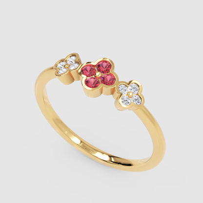 Triple Flower Cluster Ring With Ruby And Diamond Accents - Seven
