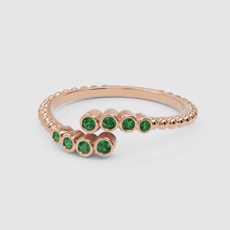 Beaded Open Wrap Ring With Green Emerald Stones - Six