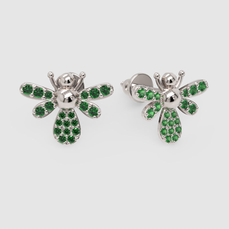 Emerald Bee Stud Earrings With Pav Wings - Three
