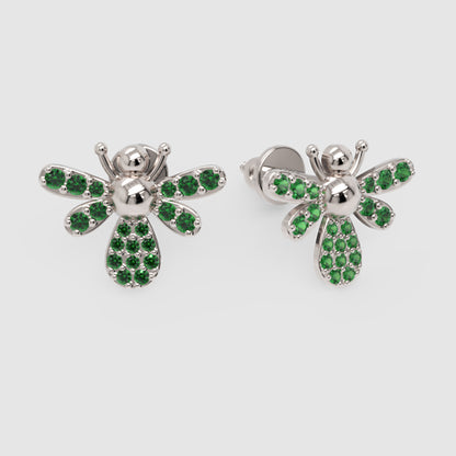 Emerald Bee Stud Earrings With Pav Wings - Three