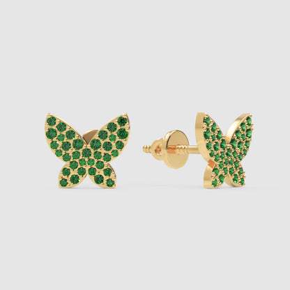 Emerald Butterfly Stud Earrings With Pav Setting - Three