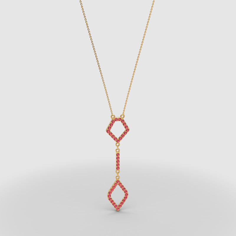 Lab-Grown Ruby Geometric Drop Pendant Necklace In Rose Gold | Adjustable 16–17 Inch Chain - Three