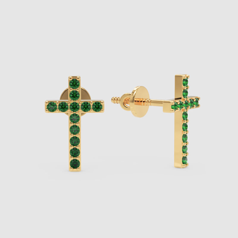 Emerald Cross Stud Earrings With Screw Back Closure - Three