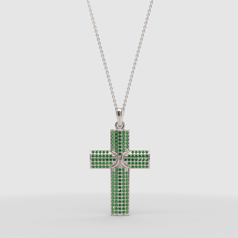 Emerald Pav Cross Pendant Necklace - Three