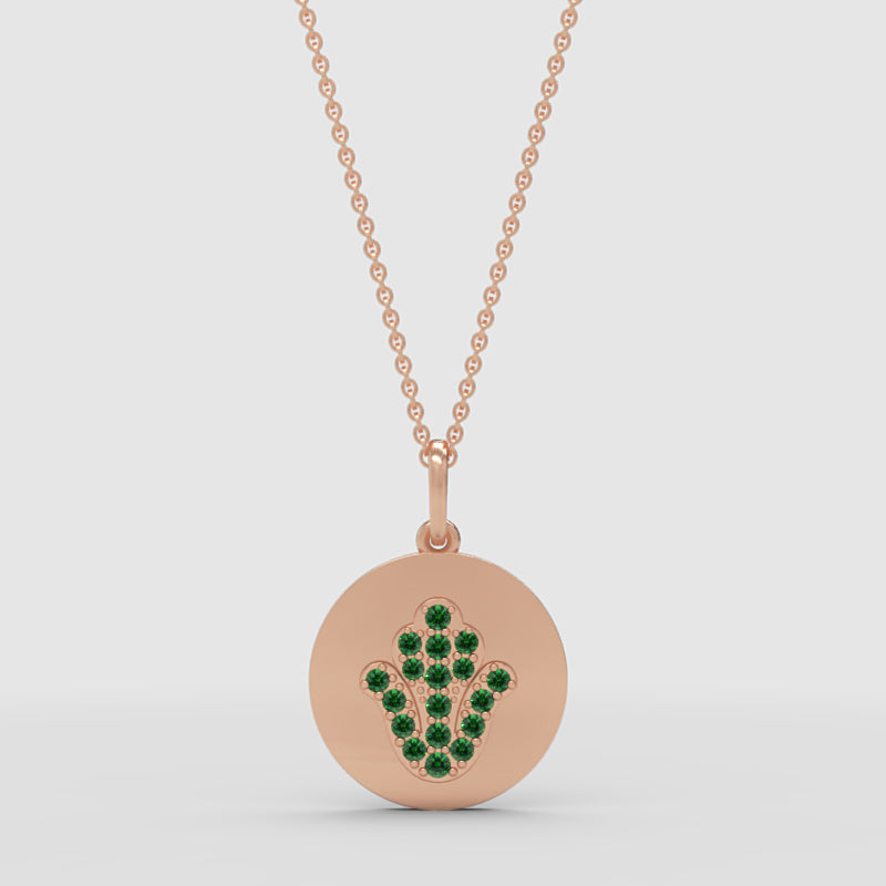 Emerald Hamsa Hand Disc Pendant Necklace - Three