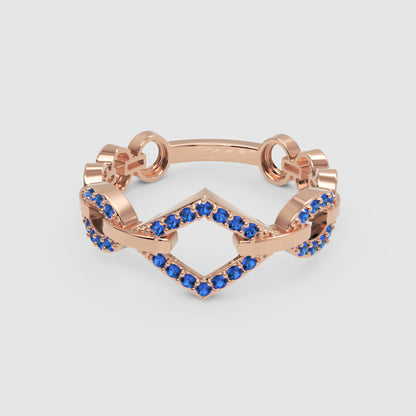 Blue Sapphire Chevron Chain Link Ring In White Gold | Geometric Double V Statement Ring For Women | Jebij - Six