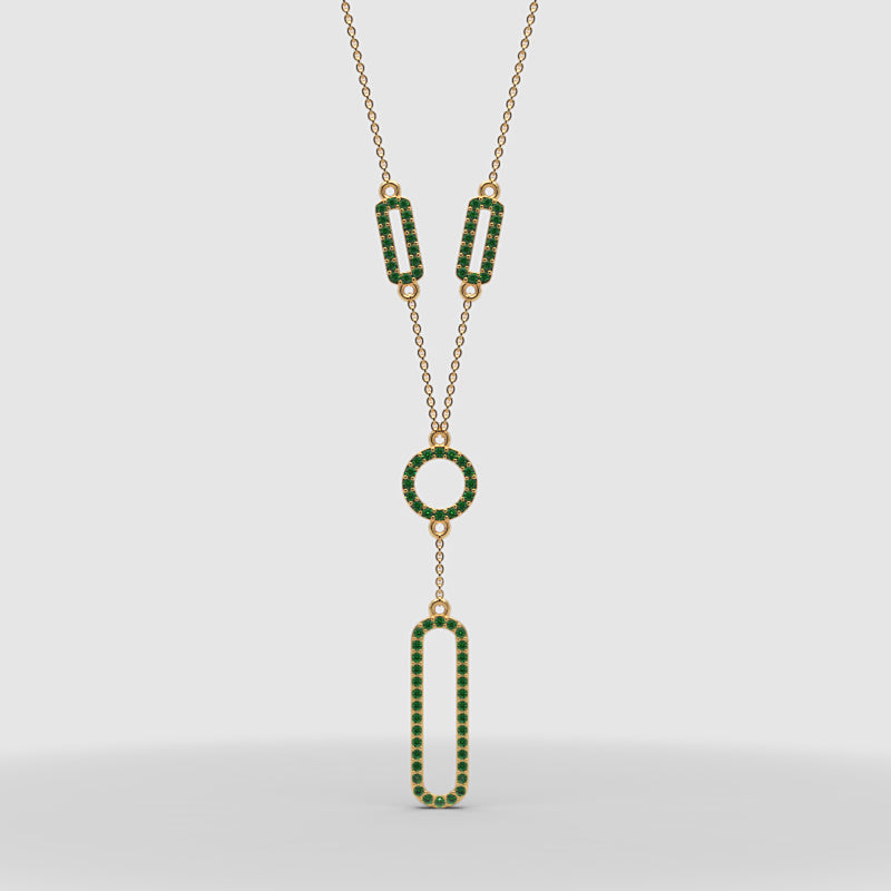 Lab-Grown Emerald Geometric Drop Y Necklace In White Gold | Modern Pave Circle & Bar Design (16–17 Inch Adjustable) | Jebij - Three