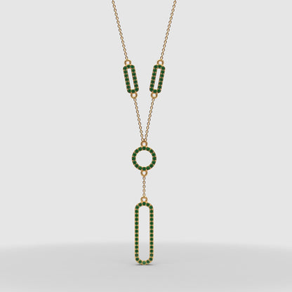 Lab-Grown Emerald Geometric Drop Y Necklace In White Gold | Modern Pave Circle & Bar Design (16–17 Inch Adjustable) | Jebij - Three