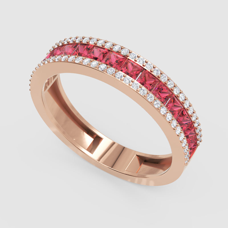 Princess Cut Ruby And Diamond Channel Set Wedding Band Ring - Seven