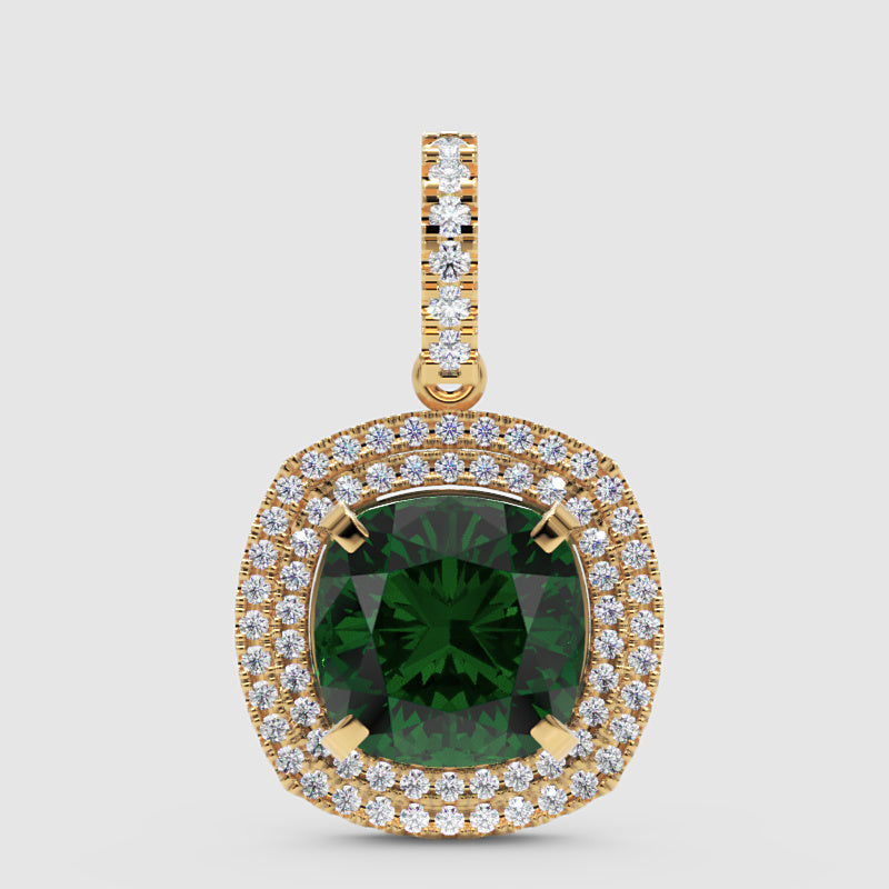 Cushion Cut Green Emerald Double Halo Pendant With Diamond Accents - Six