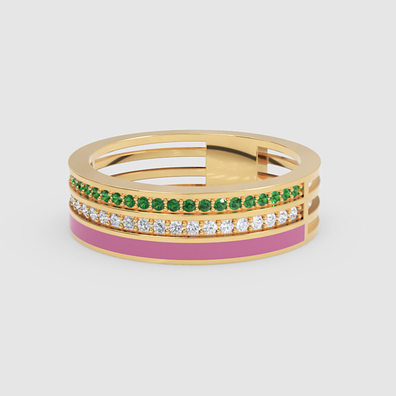Gold Emerald Diamond Multi-Row Band Ring With Pink Enamel – Statement Luxury Ring - One
