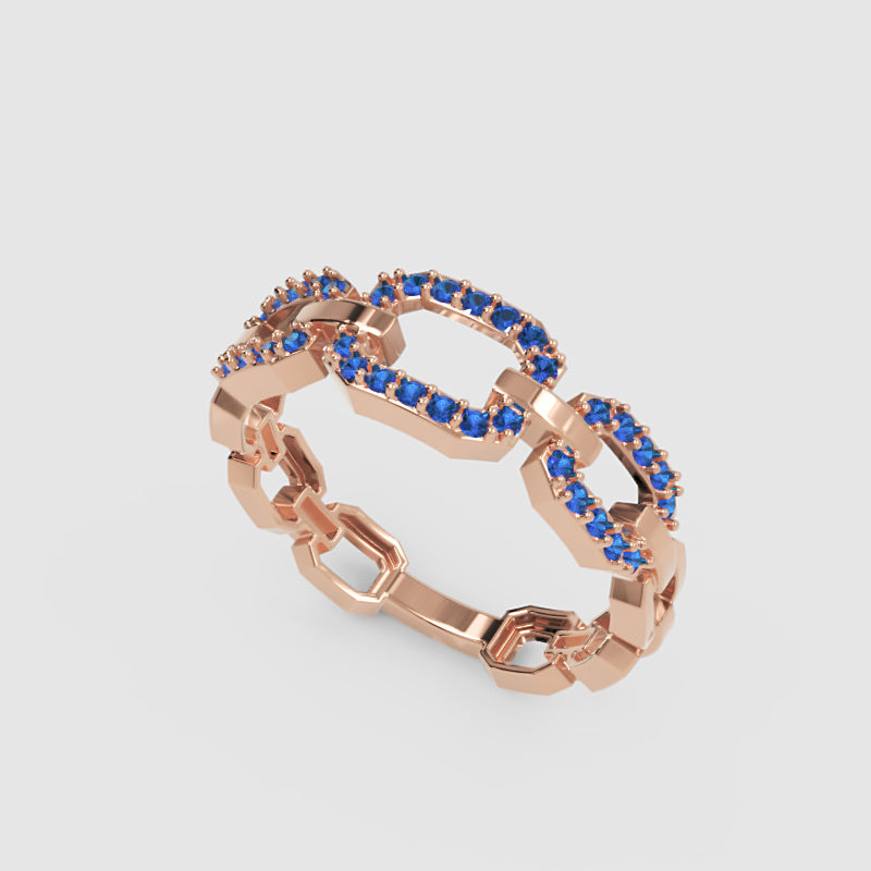 Blue Sapphire Chain Link Ring In White Gold | Double Pave Interlocking Statement Luxury Ring For Women | Jebij - Seven