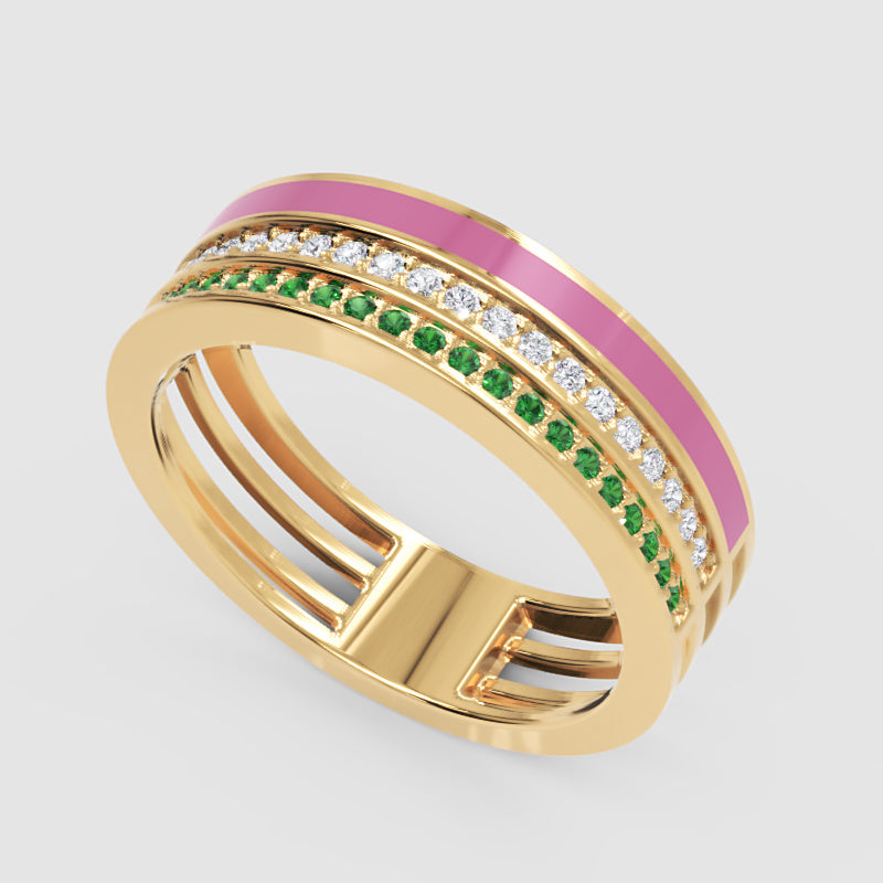 Gold Emerald Diamond Multi-Row Band Ring With Pink Enamel – Statement Luxury Ring - Three