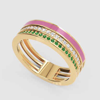 Gold Emerald Diamond Multi-Row Band Ring With Pink Enamel – Statement Luxury Ring - Three
