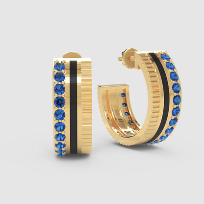 Blue Sapphire Hoop Earrings With Textured Design - Seven