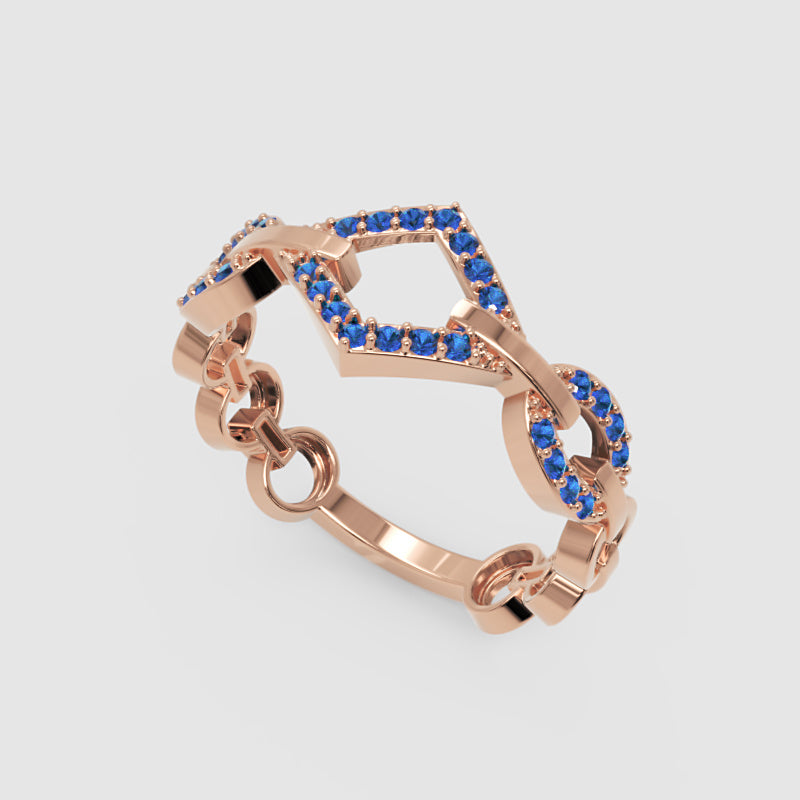Blue Sapphire Chevron Chain Link Ring In White Gold | Geometric Double V Statement Ring For Women | Jebij - Seven