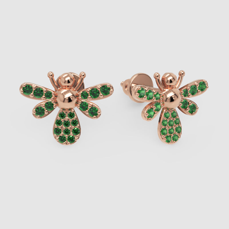Emerald Bee Stud Earrings With Pav Wings - Four