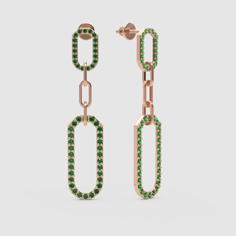 Green Lab Grown Gemstone Link Drop Earrings Pave Oval Chain Statement Dangle Design - Four