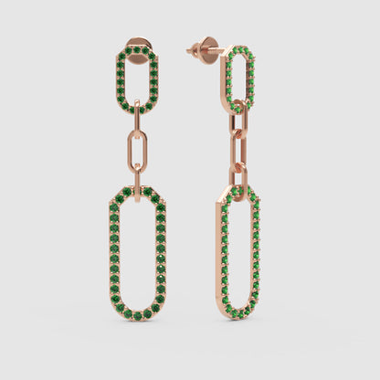 Green Lab Grown Gemstone Link Drop Earrings Pave Oval Chain Statement Dangle Design - Four