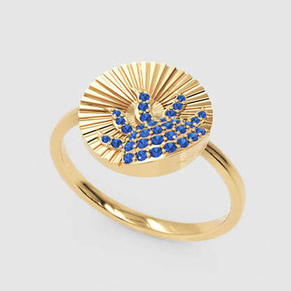 Blue Sapphire Wave Ring With Textured Sunburst Design - Seven