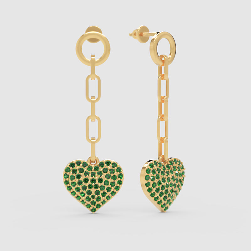Emerald Pav Heart Chain Link Drop Earrings - Four