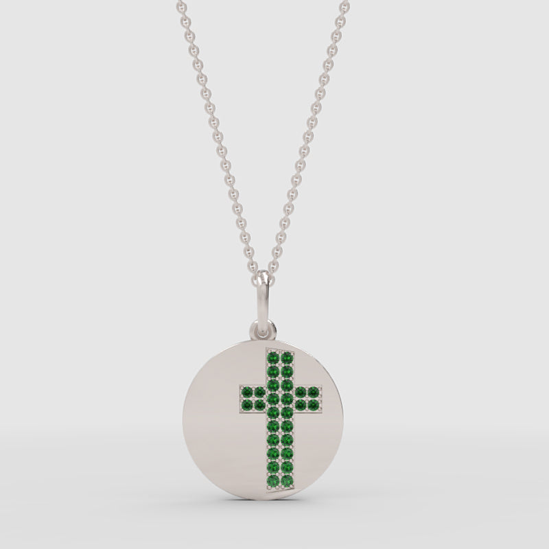 Emerald Cross Disc Pendant Necklace With Chain - Three